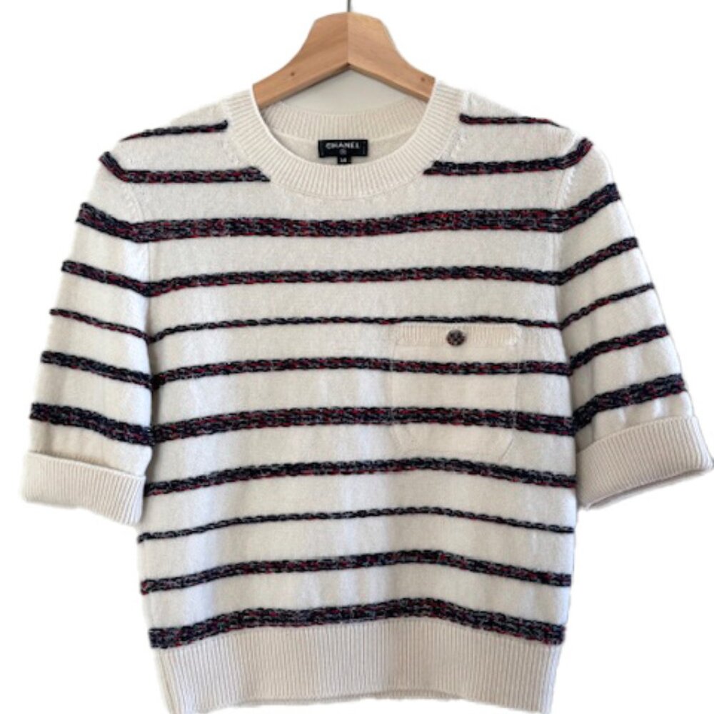 Chanel 20S Size 38 Stripe Cashmere Pullover - White/Multico